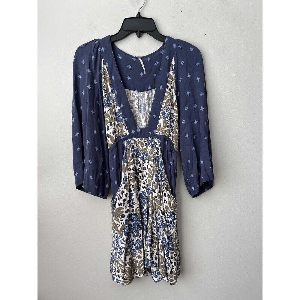 Free People Dress Womens XS Blue Floral Boho Mini Babydoll Rayon Pockets V-Neck